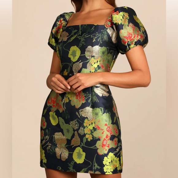 Lulus Dresses & Skirts - *SOLD c* Lulu’s So Stunning Navy Blue Floral Jacquard Puff Sleeve Dress small